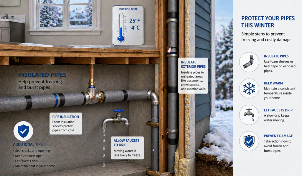 Home winterization showing how to prevent pipes from freezing in winter with insulation and protective measures