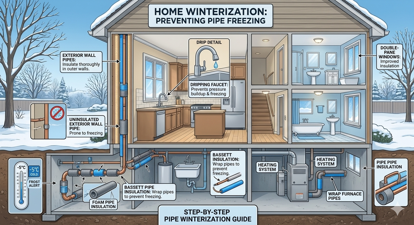 Home winterization showing how to prevent pipes from freezing in winter with insulation and protective measures