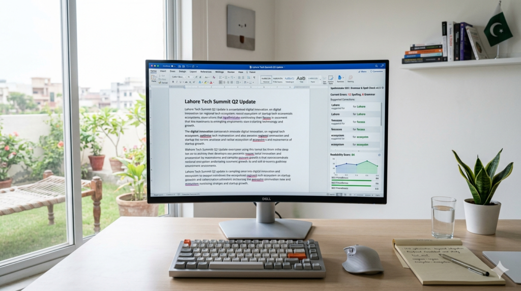Computer screen showing spellmistake SEO tools checking content for spelling and grammar errors